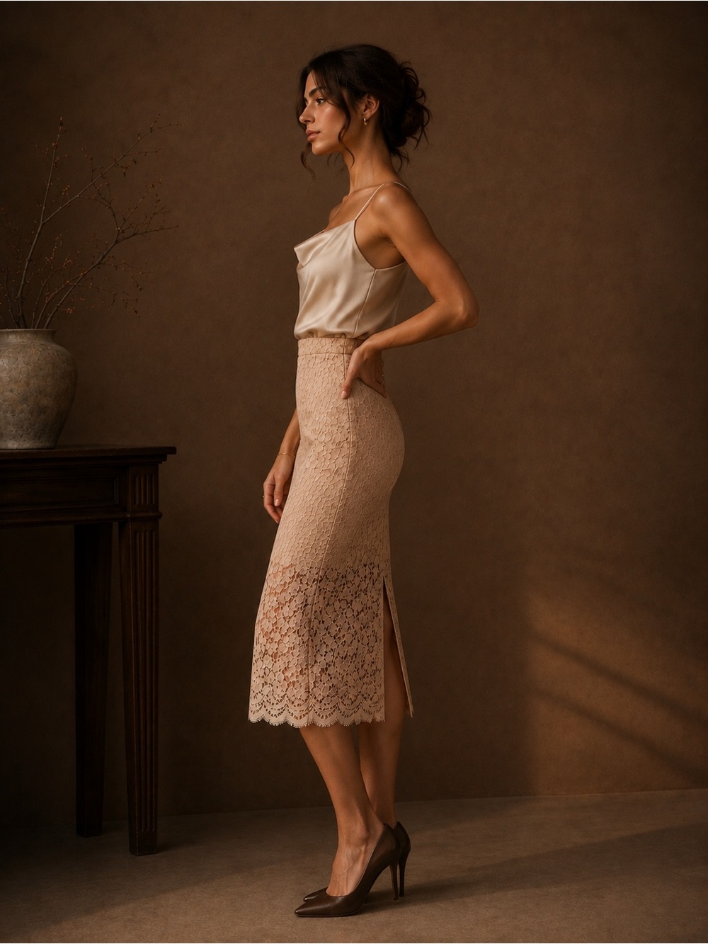 Topshop Nude Beige Floral Lace Pencil Midi Skirt Size 6 Like New - Picture 5 of 5